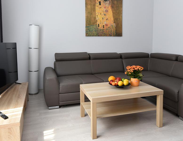 Apartament Dwupokojowy, sofa narożna, stolik, telewizor